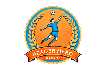 Header Hero Tournament Badge – Soccer Emblem with Laurel Wreath, Player Heading Ball, Orange Banner, Dynamic Design, logo