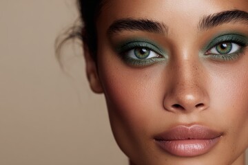 Fototapeta premium Close-up of a model with vivid emerald eyeshadow and flawless skin tones on a soft beige background, captured in clean studio lighting, perfect for sustainable beauty branding and makeup tutorials.