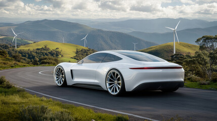 Naklejka premium futuristic electric car driving on a road with wind turbines