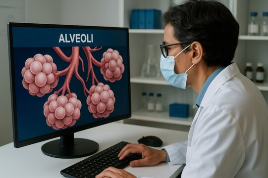 Doctor wearing a face mask, studying alveoli structures on a computer screen in a medical laboratory focused on healthcare research