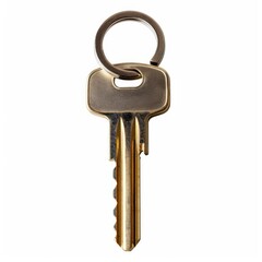 Gold key, keyring, white background, studio shot, security access