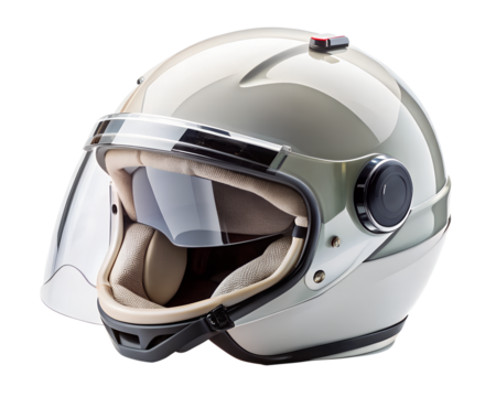 White motorcycle helmet with a clear visor, isolated on transparent background