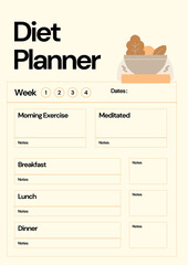 Aesthetic diet planner template with sections for meals exercise and hydration for healthy living
