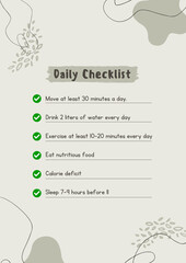 A simple daily checklist with hydration exercise nutrition and sleep goals for a healthy lifestyle