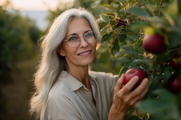 Elderly caucasian female harvesting apples in orchard at sunset
