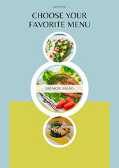 A visually appealing graphic showcasing three distinct and delicious meal options presented in stacked circular frames for easy selection