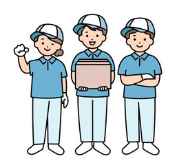 引越し業者　配送　配達　スタッフ　業者　男女　全身　イラスト素材