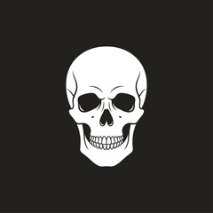 Fototapeta premium A stark white skull with empty eye sockets and visible teeth is centered against a solid black background.