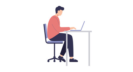 Fototapeta premium An illustrated man with a hunched posture sits at a desk, typing on a laptop.