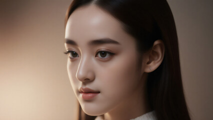 Naklejka premium Portrait of a young Asian woman with natural makeup in soft lighting 