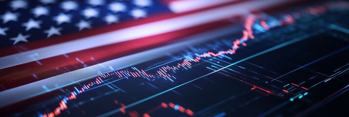 Financial data overlay on American flag representing market trends in the United States