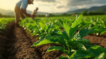 Farmers tending to lush green tobacco crops in a field during golden hour at a rural location