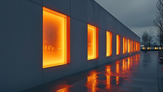 Modern facade with glowing orange windows at dusk