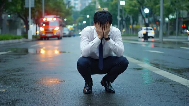  Gen-4 Turbo Traumatized young man displaying intense emotional distress after witnessing severe car accident, sitting with hands covering face, expressing overwhelming shock and despair 