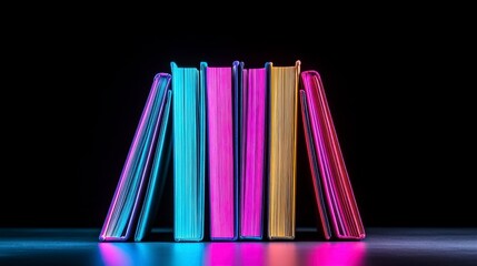 Vibrantly illuminated stack of colorful books arranged neatly against a dark background for a striking visual effect