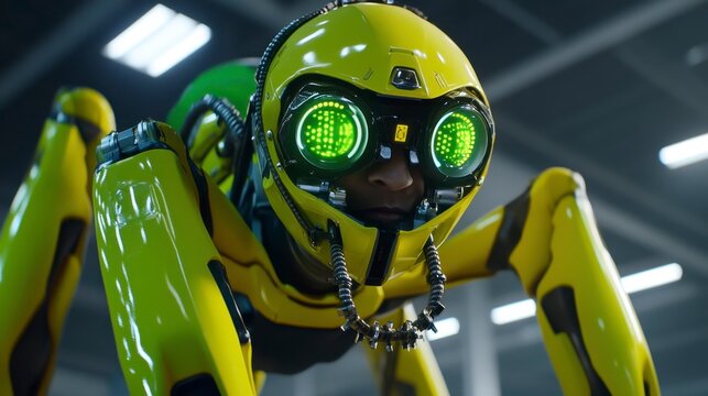 Futuristic robotic creature with glowing green eyes exploring a high-tech environment in a vibrant, dynamic pose - Powered by Adobe
