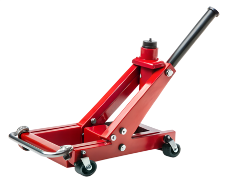 Red hydraulic car jack for lifting vehicles, isolated on transparent background