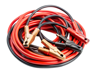 Set of red and black jumper cables for car battery charging, isolated on transparent background