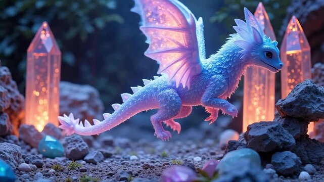 Enchanting baby dragon with glowing wings explores a magical crystal cave in fantasy world adventure