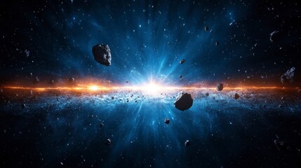 Naklejka premium A breathtaking view of an expansive cosmic scene depicting brightly glowing stars, asteroids, and vibrant cosmic energy in deep space