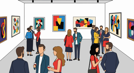 Art Gallery Opening: Attendees Viewing Abstract Paintings, Sipping Wine.