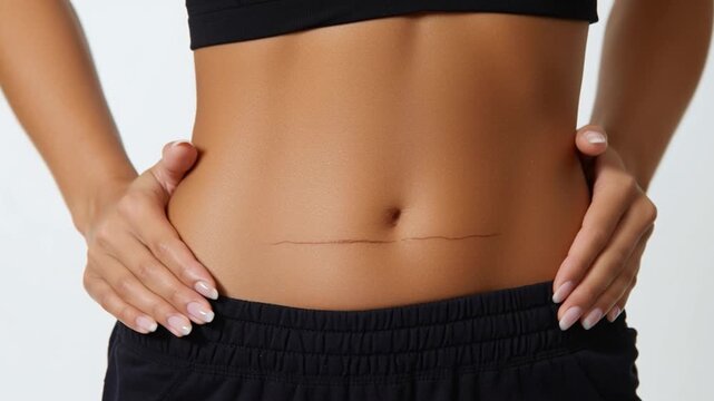 Woman showing a well-healed scar below the navel on white background