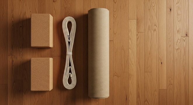 Yoga Accessories: A collection of essential yoga accessories, including blocks, a strap, and a mat, artfully arranged on a warm wooden surface, promoting mindfulness and well-being.