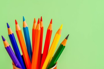 Fototapeta premium Bright color pencils neatly arranged in a red metal cup against a vibrant green background. Concept for creativity, education, school supplies, or art materials.