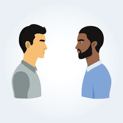 A character illustration of a black man and a white man, side view art