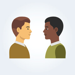A character illustration of a black man and a white man, calm faces, side view