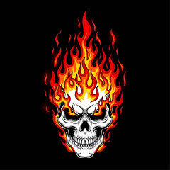 A white skull engulfed in vibrant orange and red flames, set against a stark black background.