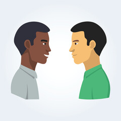 A character illustration of a black man and a white man, side view, and smiling