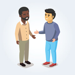 A character illustration of a black man and a white man talking together