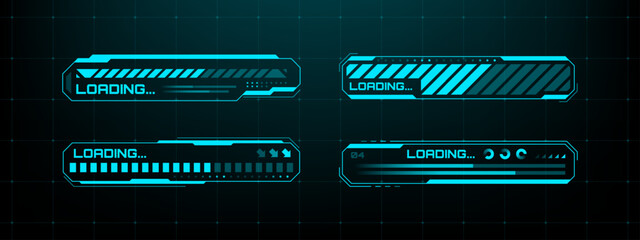 Set of hud interface loading bars and digital progress elements. Abstract blue futuristic head up display vector graphics.