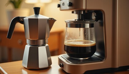Coffeemaker brewing fresh espresso with a moka pot on a wooden table, warm cozy kitchen background, home brewing concept of coffee shop or caf&eacute;