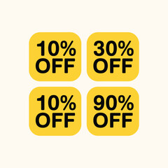 Four yellow square discount tags showing 10 percent 30 percent and 90 percent off