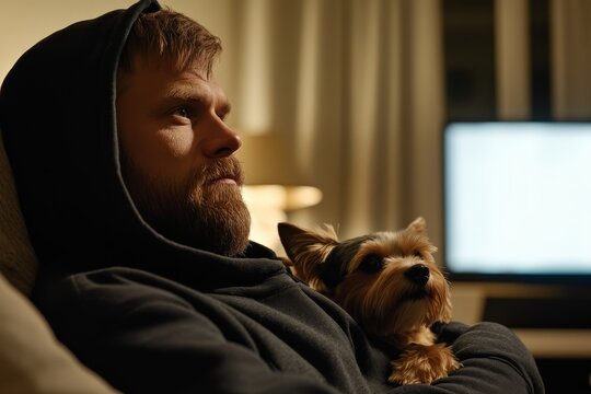 Man relaxing on sofa with Yorkshire Terrier watching television