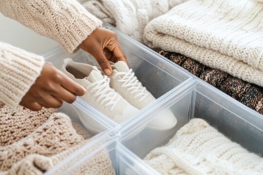 Woman organizing white sneakers in transparent drawer boxes