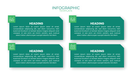 Modern 4-step infographic layout with green boxes, flat icons, and clean text. Ideal for presentations, business workflow, and data visualization projects.