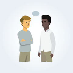 A character illustration of a black man and a white man talking