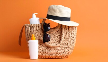 Straw beach bag with sunscreen and sunglasses