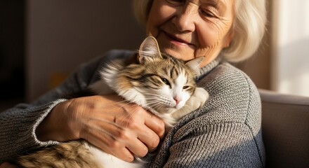 Cozy Embrace: A senior woman shares a tender moment with her feline companion, bathed in the warm glow of afternoon sunlight, representing the sweet comfort and unique bond between human and animal.