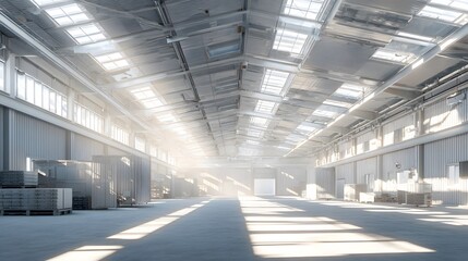 Obraz premium Interior of a large industrial warehouse with sunlight streaming through roof windows.