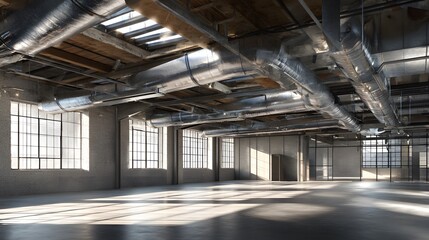 Empty industrial interior with large windows and exposed ceiling pipes.