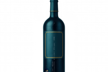 Dark blue wine bottle featuring golden frame trim, blank label ready for customization against transparent backdrop