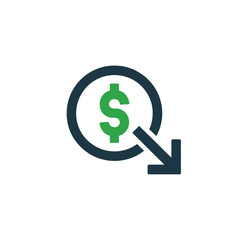 Fototapeta premium Dollar sign with downward arrow indicating financial loss or cost reduction