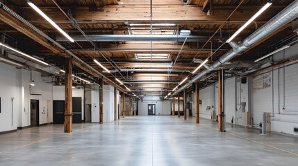 Empty warehouse interior with concrete floor wooden beams and fluorescent lighting.