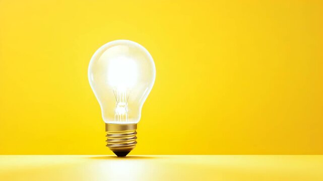 A radiant light bulb suspended in the center of a vibrant yellow background The bulb flickers gently before glowing brightly, casting soft light rays that pulse outward The camera subtly 4K