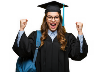 Excited graduate in cap and gown with backpack isolated on transparent background