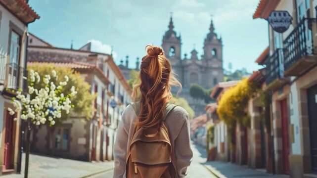 Young woman from behind walks towards the cathedral of Santiago de Compostela in Spain